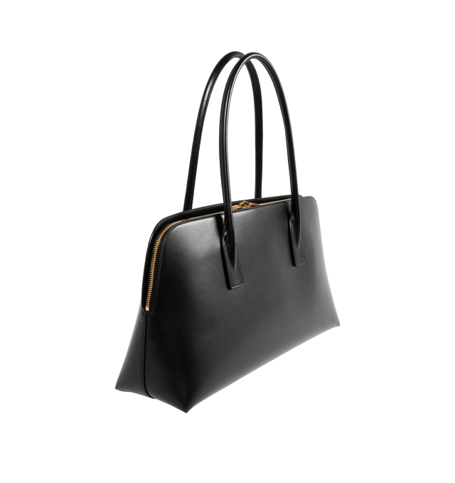 Image 2 of 3 - BLACK - SAINT LAURENT Sac de Jour Large Bowling Top-Handle Bag featuring rolled top handles with keyring and padlock tag, open top, center zip compartment divides interior, one slip pocket with snap closure, feet protect bottom of bag and light bronze hardware. 8.6"H x 16.1"W x 1.1"D. Leather. Made in Italy.