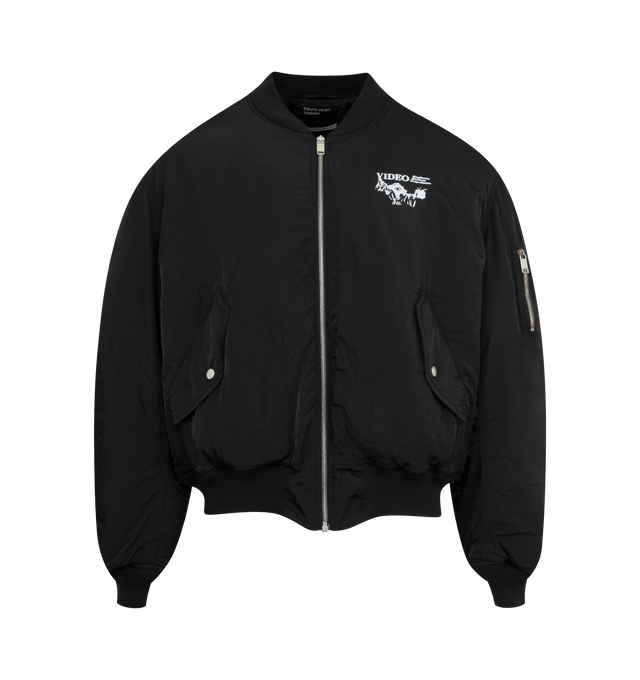 Image 1 of 3 - BLACK - ENFANTS RICHES DEPRIMES Enfants "Video" Bomber Jacket featuring padded nylon, a cropped, drop-shoulder fit with a zip front closure, rib knit stand collar, cuffs, and waist hem, snap closure flap pockets at the waist, a zip pocket at the left sleeve and printed artwork at the front and back. Made in Italy.
