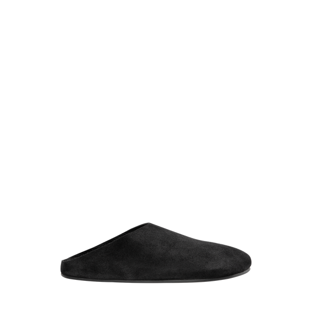 Image 1 of 6 - BLACK - THE ROW Hudson Slide featuring grained calfskin upper with rubber sole, slip-on styling, cushioned leather footbed, soft shearling with contoured footbed and rounded toe. Made in Italy.