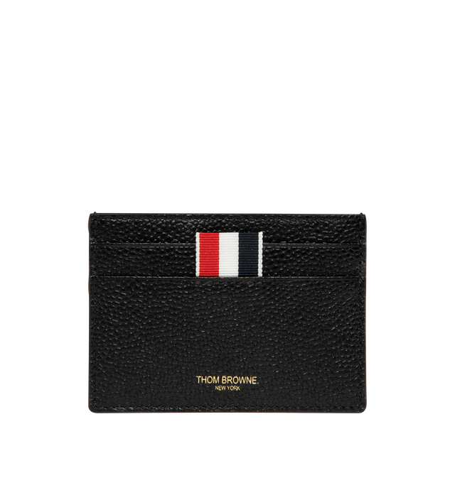 Image 1 of 5 - BLACK - THOM BROWNE Single Card Holder Goose featuring geese on one side, 2 card slots, 1 note compartment, tricolor stripe lining, gold foil logo and signature striped grosgrain loop tab 100% calf leather. Lining: 100% polyester. Made in Italy.
