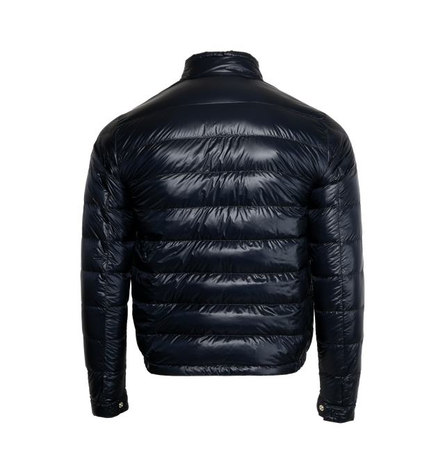 Image 2 of 3 - BLUE - MONCLER Acorus Short Down Jacket featuring down-filled, packable, front zipper closure, zipped pockets, collar opening and adjustable cuffs with snap button closure and logo patch. Exterior: 100% polyamide/nylon. Lining: 100% polyamide/nylon. Padding: 90% down, 10% feather. Made in Italy.  