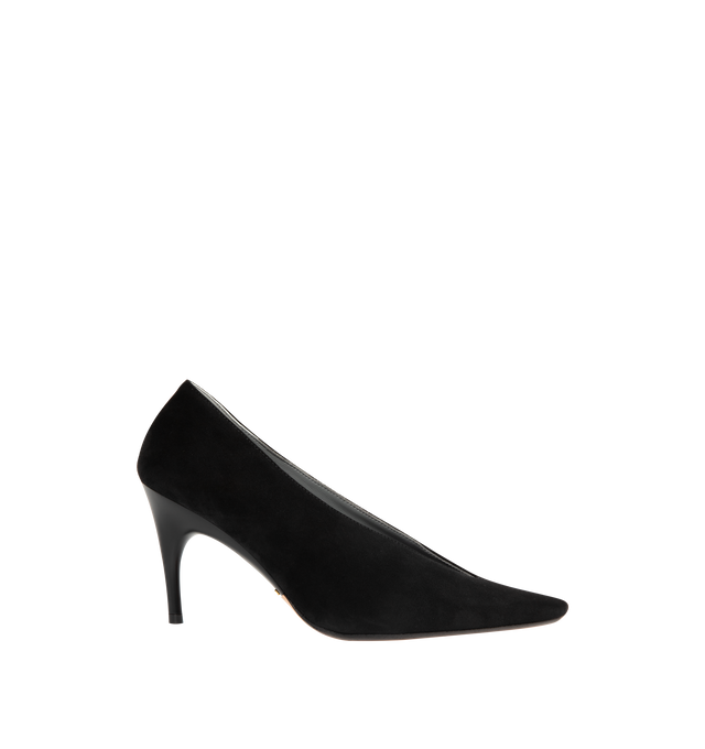 Image 1 of 4 - BLACK - BALENCIAGA Duchesse Pump 90mm featuring suede goatskin, asymmetrical pointed toe, deep v neck vamp, 90mm arch, Balenciaga Paris logo on the insole, small gold perforations on the edges of the insole, two golden studs on the outsole, semi-glossy tone-on-tone heel and beige suede-like sole. Upper: goatskin. Sole: calfskin. Insole: sheepskin. Made in Italy.