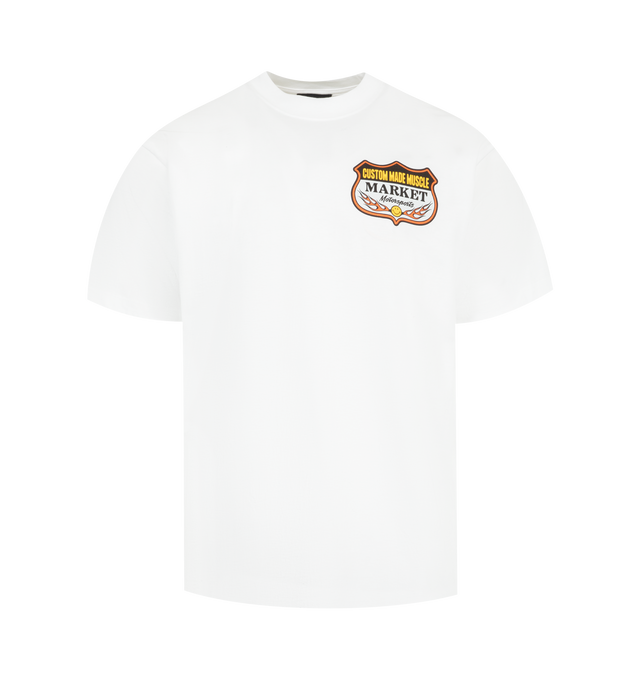 Image 1 of 2 - WHITE - MARKET Smiley Burnt Rubber T-Shirt featuring crewneck, short sleeves, straight hem and graphic on front and back. 100% cotton.