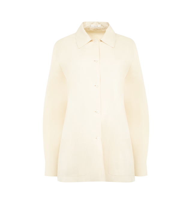 Image 1 of 3 - YELLOW - THE ROW Lucetta Shirt featuring classic button-up shirt in richly textured silk shantung with regular fit, front patch pockets and exposed front placket with horn buttons. 100% silk. Made in Italy.