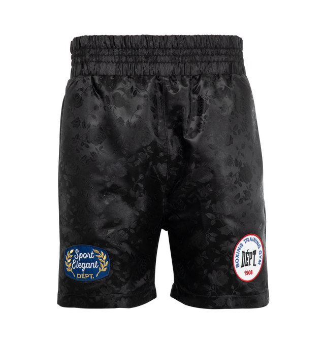Image 1 of 3 - BLACK - GALLERY DEPT. Jacquard Boxing Short featuring satin exterior with mesh lining shorts, elasticized waistband, front slip pockets, back pocket detail and logo patches. 100% polyester. Made in USA.