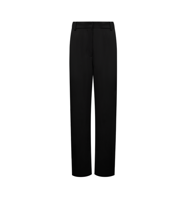 Image 1 of 3 - BLACK - TOTEME Wide Satin Trousers featuring belt loops, side and back pockets, zipper fly, a wide, straight silhouette that tapers gently towards the hem, cut from lustrous satin with a structured waistband, dropped rise, and a flat front with precise darting. 100% viscose.
