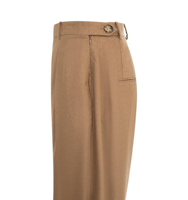 Image 3 of 3 - BROWN - KHAITE Dugan Pant featuring a wider fit, mid-rise, tapering toward the ankle, doubled forward pleats, in-seam side pockets, triangular pocket at hip, back welt pockets and side zipper. 90% virgin wool, 8% cashmere, 2% elastane.