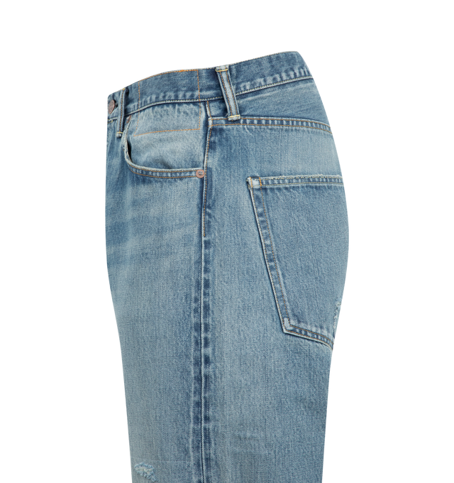 Image 4 of 4 - BLUE - VISVIM Social Sculpture 01 Wide Damaged Jean 43 featuring 14 oz. denim, damaged finish, regular fit, straight leg silhouette, high-rise and button fly. 100% cotton.