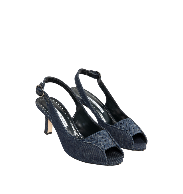 Image 2 of 4 - BLUE - MANOLO BLAHNIK Chambray Slingbacks featuring flared block high heel, slingback with buckle and peep toe. 100% cotton. Heel measures 70 mm. Made in Italy.
