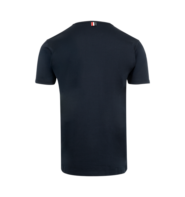 Image 2 of 2 - NAVY - THOM BROWNE Pocket Tee featuring single chest pocket, crew neck, short sleeves, name tag applique above hem and signature striped grosgrain loop tab at back of neck. 100% cotton. Made in Japan.