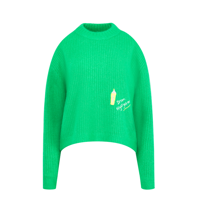 Image 1 of 3 - GREEN - MIRA MIKATI Embroidered Highlighter Cashmere Blend Jumper featuring ribbed cashmere blend knit, fluffy finish, ribbed crew neck, 'Dream highlighter' embroidery and long sleeves. 63% cashmere, 37% cotton.