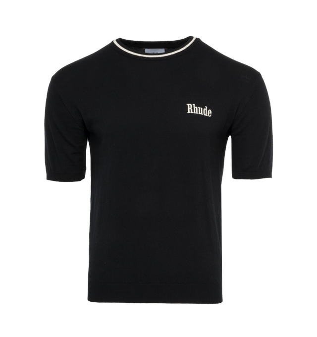 Image 1 of 2 - BLACK - RHUDE Logo Knit T-Shirt featuring Rhude logo on the chest, crewneck, short sleeves, rib-knit trim and pulls over. 95% cotton/5% cashmere. 