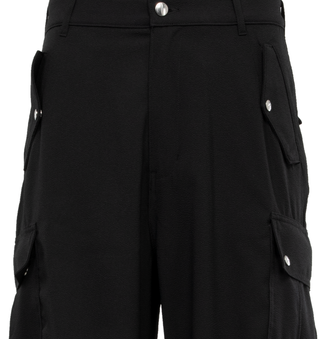 Image 4 of 4 - BLACK - RHUDE Four-Pocket Cargo Pants featuring belt loops, four-pocket styling, zip-fly, darts at legs, drawstring at cuffs, cargo pocket at outseams, logo-engraved silver-tone hardware. 100% polyester. Trim: 100% lyocell. Made in USA. 