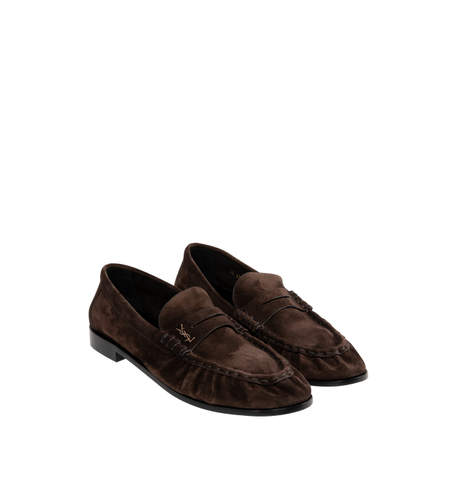 Image 2 of 4 - BROWN - SAINT LAURENT Le Loafer featuring supple penny loafers decorated with the cassandre, a hand-stitched moc toe and leather sole. 95% calfskin, 5% brass. Made in Italy.
