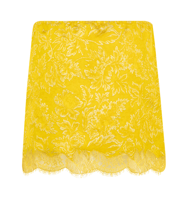 Image 2 of 2 - YELLOW - Saint Laurent mini skirt with an elasticized waist, decorated with a metallic floral jacquard motif and scalloped lace hem. Crafted from certified viscose with silk lining. Made in Italy.