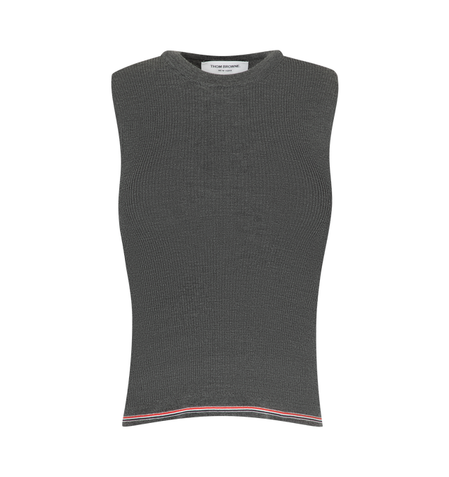 Image 1 of 2 - GREY - Thom Browne Womens Rib Stitch Merino Wool Shell Top is crafted from fine-gauge merino wool and features a sleeveless silhouette, finely ribbed neckline and armholes, a finely ribbed hem with signature RWB tipping, and the signature striped grosgrain loop tab. This designer merino wool shell top combines lightweight knit construction with a timeless sleeveless silhouette for elevated everyday layering. Main Material: 100% Wool. Made in Italy.