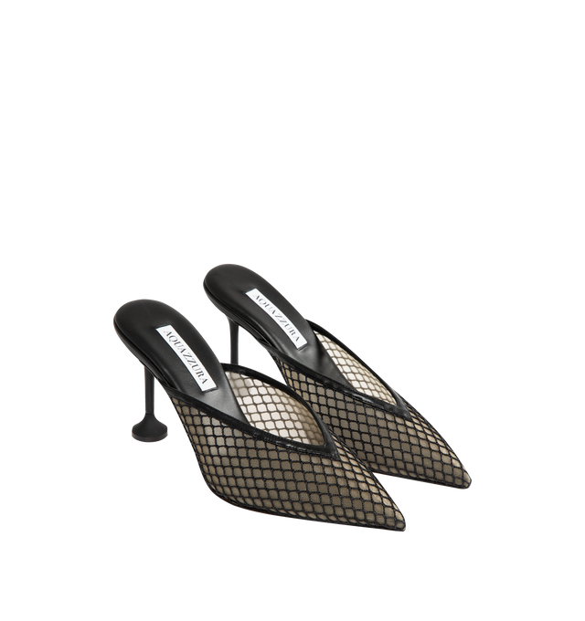 Image 2 of 4 - BLACK - AQUAZZURA Bisous Mesh Mule Pump 85 featuring mesh overlay, pointed-toe shape, fluted 85 mm heels, slip-on, padded leather insole and signature logo detailing. Made in Italy.