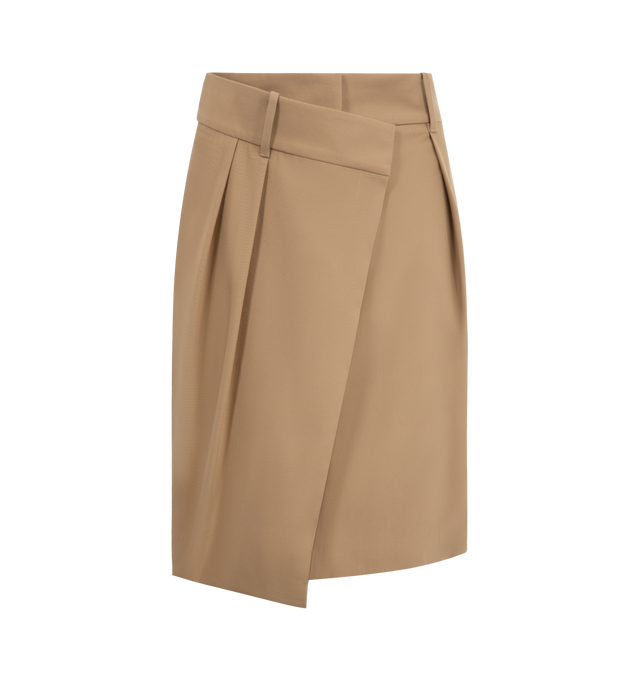 Image 1 of 3 - BROWN - LOEWE Wrap Skirt in lightweight compact cotton twill featuring an asymmetric construction with a wrap front, regular fit, mid length, mid waist, concealed hook fastening, seam pockets, buttoned rear welt pocket, pleats at the front and LOEWE embossed leather patch placed at the back. Cotton. Made in Italy.