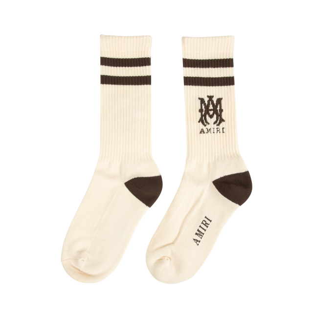 Image 2 of 2 - WHITE - AMIRI MA Stripe Socks featuring double stripes with the MA logo on the side and ribbed cuffs. 78% cotton, 20% polyester, 2% elastane.