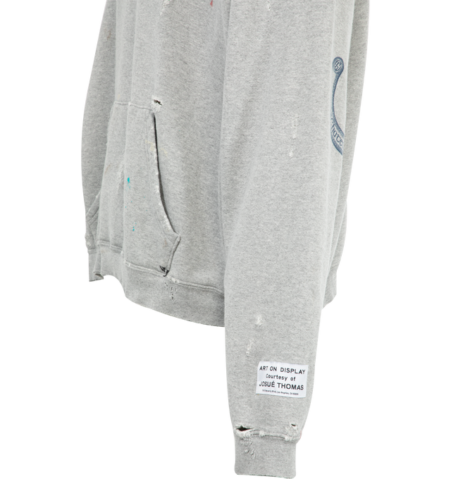 Image 3 of 3 - GREY - GALLERY DEPT. Chateau Ranch Hoodie featuring front pocket, fixed hood, logo on front, graphic on elbows and distressing and paint throughout. 100% cotton. Made in USA.