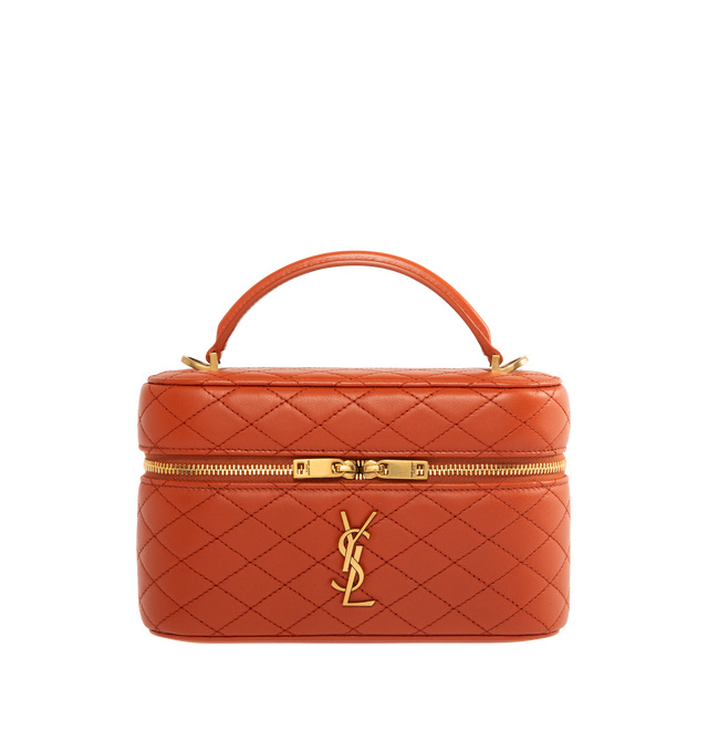 Image 1 of 3 - ORANGE - SAINT LAURENT Gaby Mini Vanity Bag featuring zip closure, one card slot, diamond quilted overstitching, leather top handle and detachable strap. 7.1" X 4.3" X 2.6". 100% lambskin. Made in Italy.