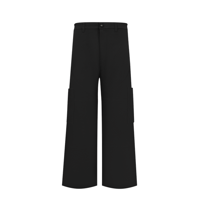 Image 1 of 3 - BLACK - Thom Browne Mens Painter Pants are crafted from durable woven fabric. Feature a wide-leg fit, button and zip closure, multiple utility pockets, hammer loop, reinforced construction, and signature striped grosgrain loop tab. Main material: Polyester. Made in Italy.