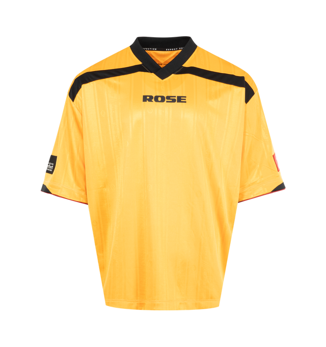 Image 1 of 4 - YELLOW - MARTINE ROSE Printed Football Top featuring jacquard dry fit jersey, contrasting panelling, logo and applique patches, short sleeve and ribbed v neck collar. 100% polyester.
