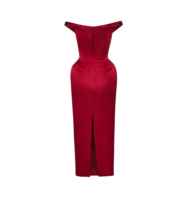 Image 4 of 4 - RED - MAGDA BUTRYM Off-Shoulder Midi Dress featuring midi length, hip pads, fitted bodice and a rounded off-shoulder neckline. 100% silk.