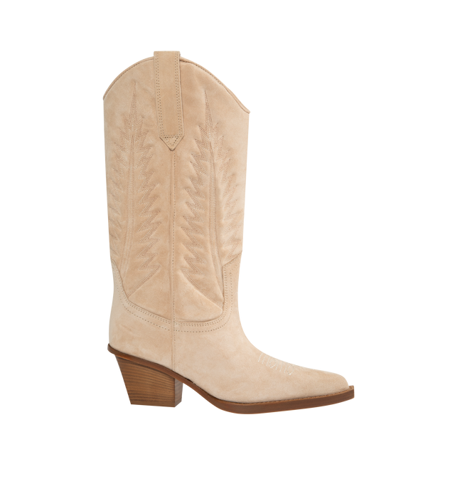 Image 1 of 4 - NEUTRAL - PARIS TEXAS Rosario Suede Cowboy Boots featuring tall suede cowboy boot, stitch detailing, block heel, almond toe, pull-on style, pull-tabs at curved collar and leather outsole. 60MM. Lining: Goat leather. Made in Italy. 