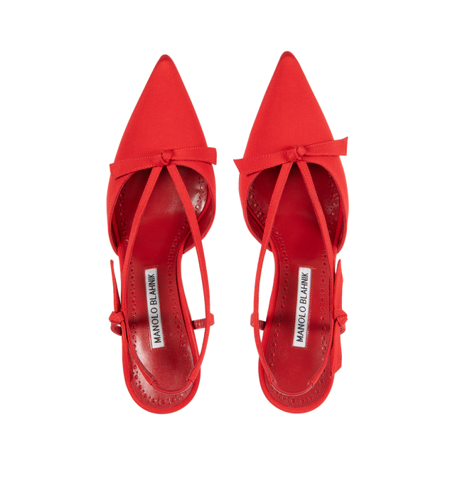 Image 4 of 4 - RED - MANOLO BLAHNIK CORNITA CREPE DE CHINE pointed toe mules featuring bow detailing and slingback design. Finished with 90mm stiletto high heel. Upper: 100% silk. Sole: 100% calf leather. Lining: 100% kid leather. Italian sizing. Made in Italy. 