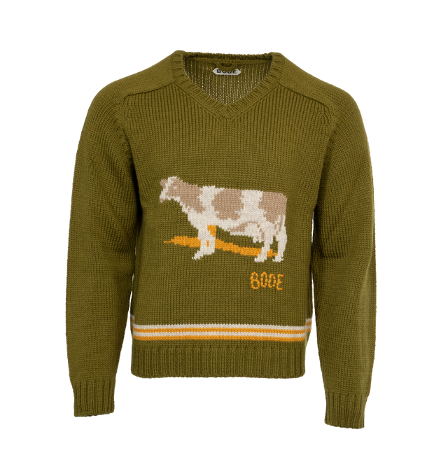 Image 1 of 3 - GREEN - BODE Cattle Sweater featuring knit wool, rib knit V-neck, hem, and cuffs, intarsia graphic at front, logo embroidered at front, stripes at hem and raglan sleeves. 100% wool. Made in Peru. 