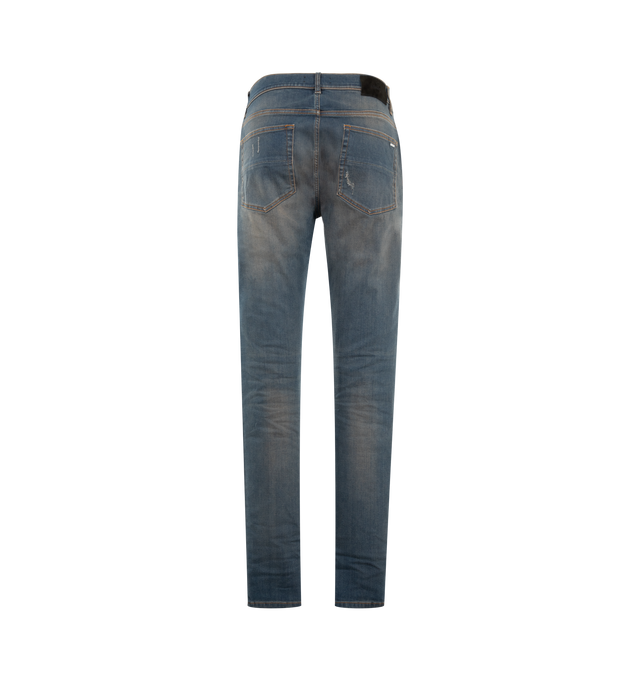 Image 2 of 3 - BLUE - Amiri Mens MX1 Jeans are crafted from Italian stretch denim. Features hand-distressed detailing, pleated flannel repair panels, classic five-pocket styling, and signature MX1 construction. Main Materials: 92% Cotton, 8% Elastane. Made in Romania.