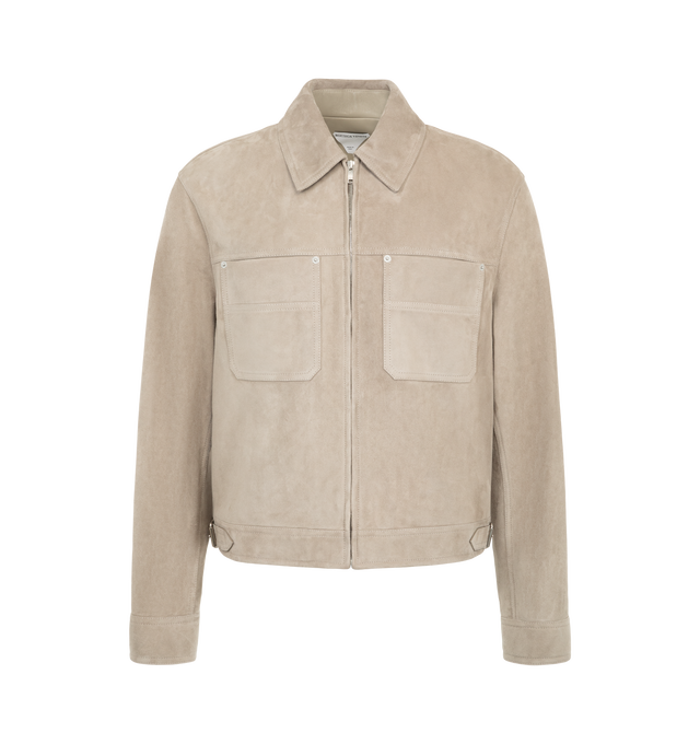 Image 1 of 2 - NEUTRAL - Bottega Veneta Men's Full-Grain Suede Jacket is crafted from supple full-grain suede and features a front zip closure, an unlined interior, and a regular-fit silhouette. This designer suede jacket combines minimalist Italian craftsmanship with a timeless silhouette for elevated everyday layering. Main Material: Full-Grain Suede Leather. Made in Italy.