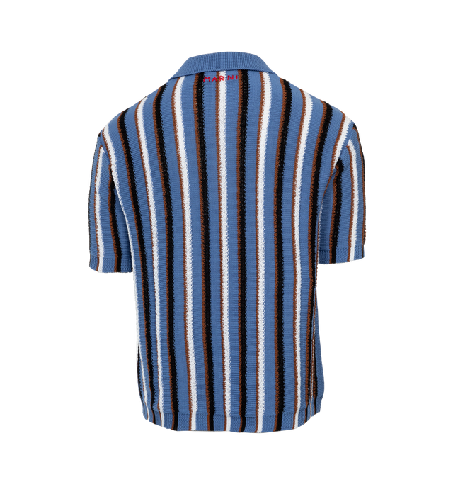 Image 2 of 3 - BLUE - MARNI Vertical Striped Knit Polo Shirt featuring spread collar, two-button placket, short sleeves, regular fit, ribbed cuffs and waistband and pullover style. 100% cotton. Made in Italy. 
