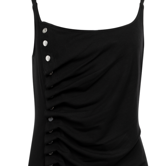 Image 3 of 3 - BLACK - RABANNE Gathered Midi Dress featuring straight neck, fixed elasticized shoulder straps, offset press-stud closure, gathering at front, asymmetric hem, vented outseam and unlined. 92% viscose, 8% elastane. Made in Portugal. 