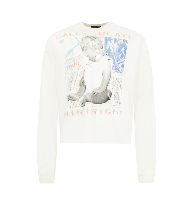 Image 1 of 2 - WHITE - ENFANTS RICHES DEPRIMES Calculate Your Birthright T-Shirt featuring long sleeves, boxy fit, rib knit neckline, printed artwork at front and back and distressing throughout. Cotton. Made in USA.