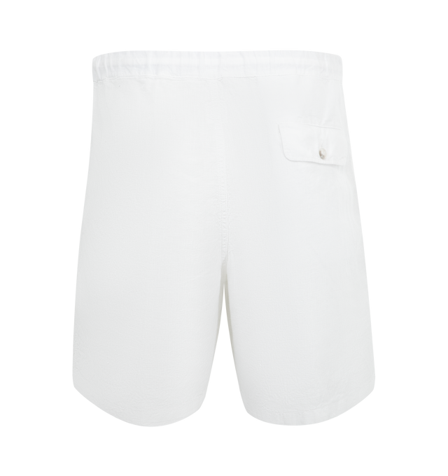 Image 2 of 3 - WHITE - 120% LINO Linen Drawstring Shorts featuring relaxed fit, straight leg, drawstring waistband, side pockets and rear flap pocket. 100% linen.