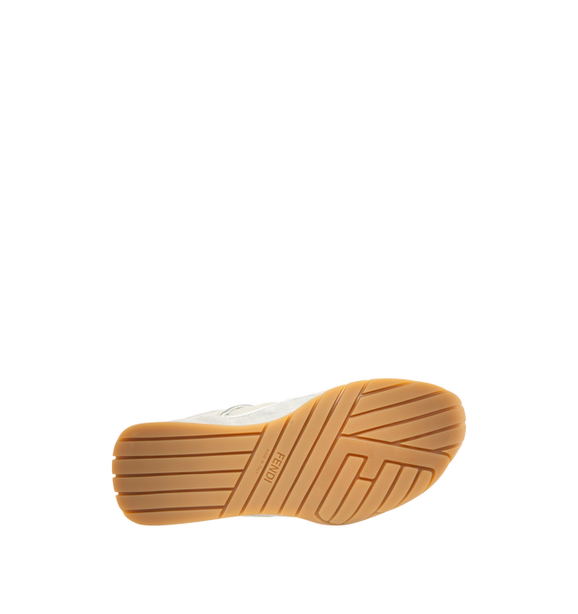 Image 4 of 5 - GREY - FENDI Wave Pulse Sneaker featuring lace-up closure, low-top, light gray satin with pleats and tone-on-tone suede inserts, leather heel collar, detachable, folded tongue decorated with a three-dimensional matching corolla, elastic laces combined with multicolor tubular laces and decorated with light blue beads and cubic elements with a gold-finish FF motif. Three-dimensional rubber logo applied on the side and tongue. Beige rubber running sole with wraparound edge on the side and diagon