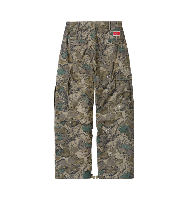 Image 2 of 7 - GREEN - Cherry LA Wide Leg Cargo Pants are crafted from custom camouflage cotton ripstop and feature a wide-leg silhouette with utility-inspired cargo pocket detailing. Designed with hidden snap closures at the pockets, paint splatter accents, and distressed finishes throughout, this statement style combines military influences with Cherry LA's signature lived-in aesthetic. Main Material: Custom Camouflage Cotton Ripstop. Fit: Wide Leg. Pockets: Cargo Pockets with Hidden Snap Closures. Detail