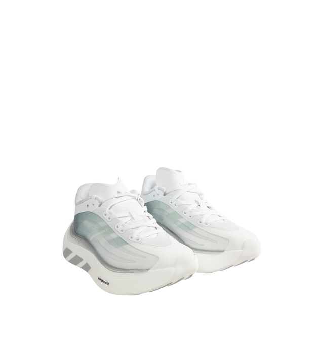 Image 2 of 5 - WHITE - Adidas Hyperboost Euphoria LT Sneakers feature a semi-transparent mono mesh upper that showcases the internal exoskeleton for a lightweight feel, enhanced breathability, and a modern aesthetic. This designer sneaker combines innovative construction with everyday comfort and performance. Main Material: Mesh Textile and Synthetic Textile, Rubber sole.