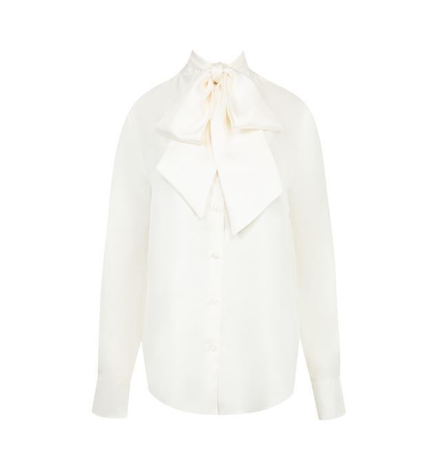 Image 1 of 3 - WHITE - THOM BROWNE Bow Silk Twill Shirt featuring a tie-neckline with a removable bow detail, grosgrain ribbon details the nape of the neck, band collar, long sleeves, barrel cuffs, shirttail hem and button-front closure. 100% silk. Made in Italy.