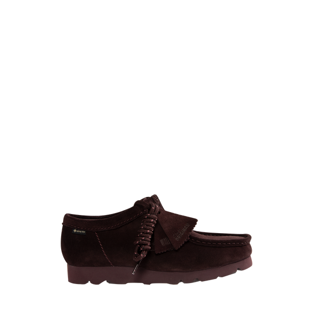 Image 1 of 4 - PURPLE - CLARKS Wallabee Gore-Tex Shoe featuring GORE-TEX suede uppers, tonal Vibram soles, three FOBS GORE-TEX, Wallabee and Clarks Originals, two laces flat tonal and fleck second lace, Clarks Originals heat embossed metallic logo on sock and full sock lining.