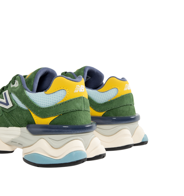Image 3 of 5 - GREEN - NEW BALANCE 9060 Sneaker featuring mesh upper with suede overlays, dual-density midsole with ABZORB and SBS cushioning, tongue logo inspired by original 991 lace jewel, translucent CR device at heel and diamond outsole pattern.