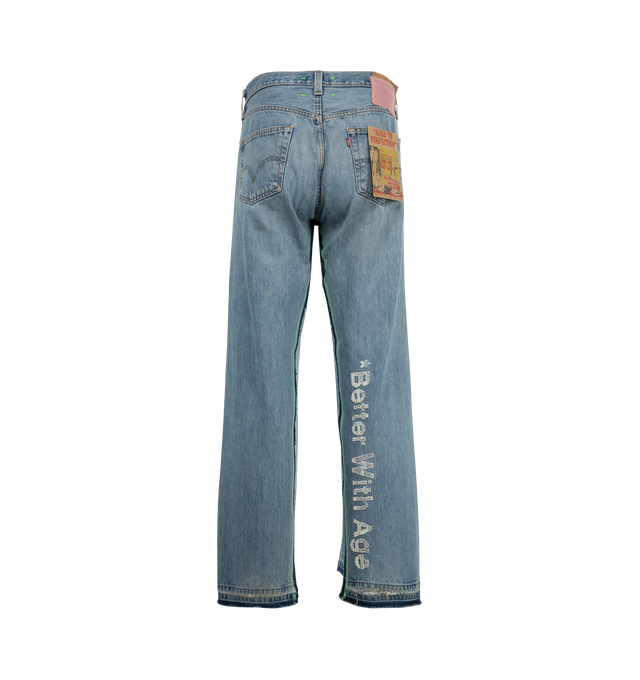 Image 2 of 3 - BLUE - BETTER WITH AGE Sham Hand Beaded Double-Wide Denim featuring baggy silhouette, distressing throughout, branding on the leg, beaded graphic, five-pocket style and reconstructed. 100% cotton.