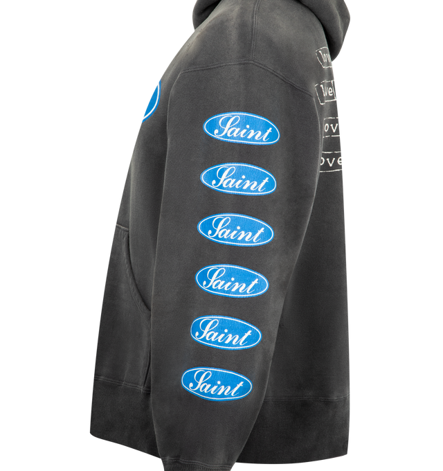 Image 3 of 3 - BLACK - SAINT MICHAEL Love Among Hoodie featuring fixed hood, graphic printed on front, back and sleeves, ribbed cuffs and hem and front pocket. 100% cotton.