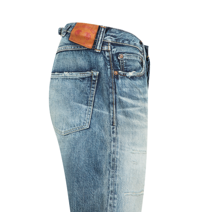 Image 3 of 3 - BLUE - FULLCOUNT 1937 Model HW Mykonos Jean featuring 13.7oz original selvedge denim, 5 pocket style, high rise, wide straight leg, cinch back detail, suspender buttons and distressing throughout. 100% Zimbabwe cotton.