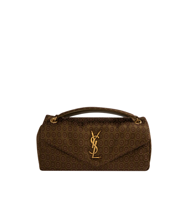 Image 1 of 4 - BROWN - SAINT LAURENT Calypso Small Bag featuring supple bag in medallion jacquard, decorated with the cassandre, sliding chain strap, cotton lining, bronze-tone hardware, magnetic snap closure and one zip pocket. 10.2 x 5.5 x 2.7 inches. Handle drop: 10.620.1 inches. Acetate, viscose, polyester, metal. Made in Italy.