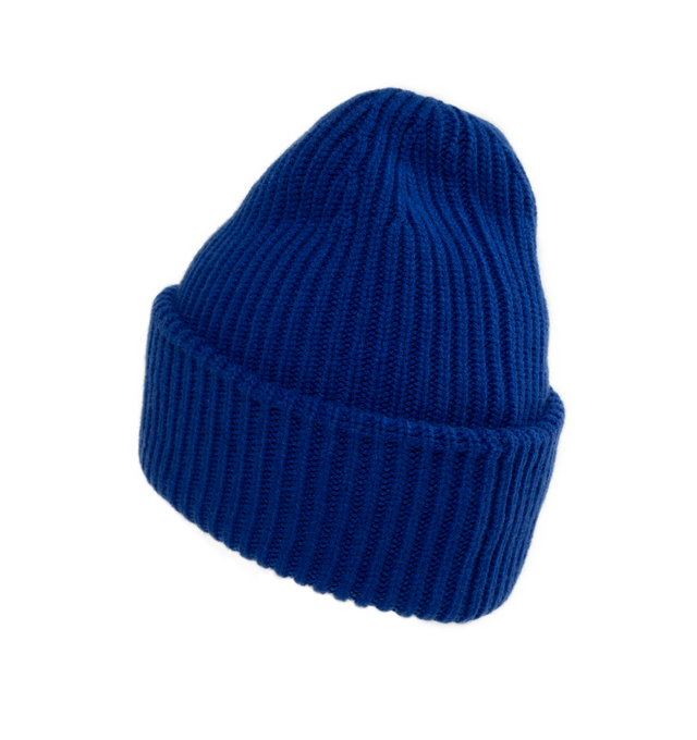 Image 2 of 2 - BLUE - MONCLER Wool & Cashmere Beanie featuring brioche stitch, Gauge 3 and logo patch. 70% virgin wool, 30% cashmere. 