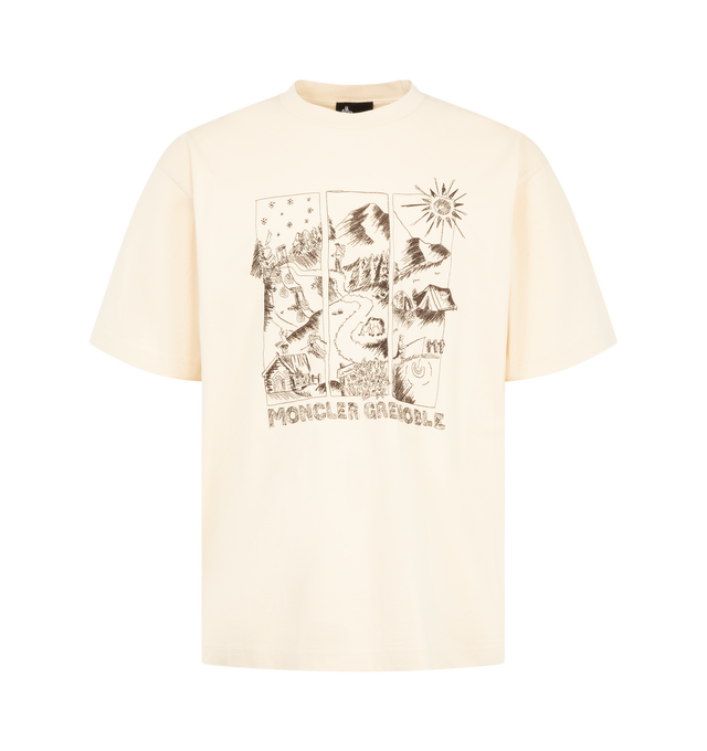 Image 1 of 1 - NEUTRAL - Moncler Men's Mountain Landscape Print T-Shirt is crafted from a stretch cotton-blend jersey and features a crew neckline, short sleeves, and an embroidered mountain landscape motif inspired by a love of the outdoors. Designed in a regular-fit silhouette, this versatile style offers everyday comfort with subtle alpine-inspired detailing. Main Material: 95% Cotton, 5% Elastane. Collar Rib: 95% Cotton, 5% Elastane.