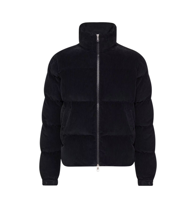 Image 1 of 1 - NAVY - Moncler Men's Esparron Down Jacket is crafted from soft cotton corduroy and features a regular-fit silhouette, down-filled insulation, a stand collar, and a front zip closure. Designed with kangaroo pockets with snap-button closures, adjustable cuffs, and a drawstring hem, this cold-weather style combines textured fabrication with functional outerwear detailing. Main Material: 100% Cotton. Lining: 100% Polyamide / Nylon. Padding: 90% Down, 10% Feather. Made in Romania.